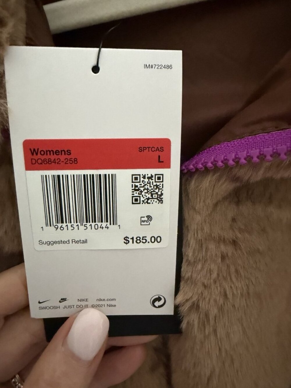 Nike Logo Faux Fur Jacket Brown Tan Size Large NEW W/TAGS - Picture 6 of 10